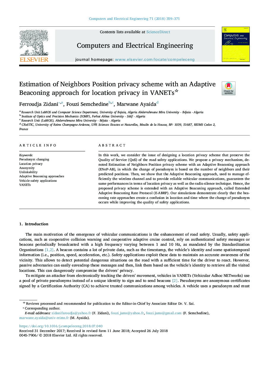 Estimation of Neighbors Position privacy scheme with an Adaptive Beaconing approach for location privacy in VANETs