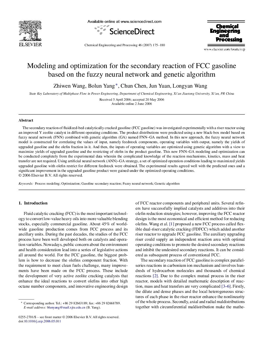 Modeling and optimization for the secondary reaction of FCC gasoline based on the fuzzy neural network and genetic algorithm