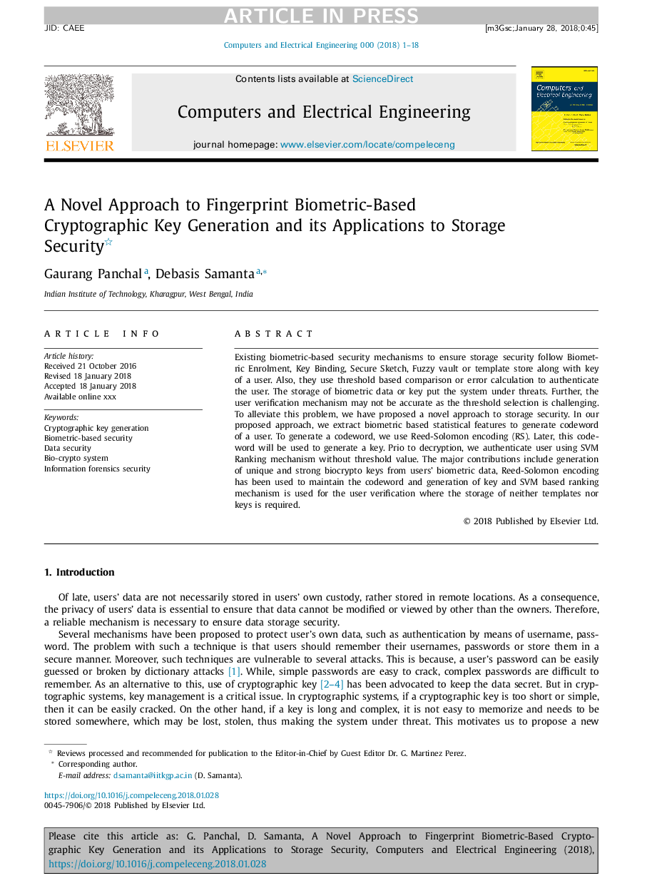 A Novel Approach to Fingerprint Biometric-Based Cryptographic Key Generation and its Applications to Storage Security