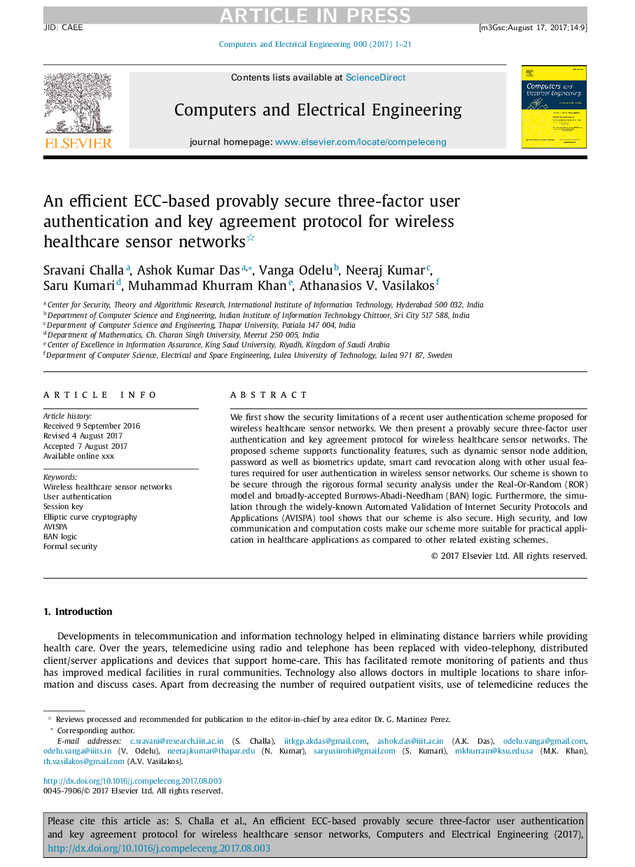 An efficient ECC-based provably secure three-factor user authentication and key agreement protocol for wireless healthcare sensor networks