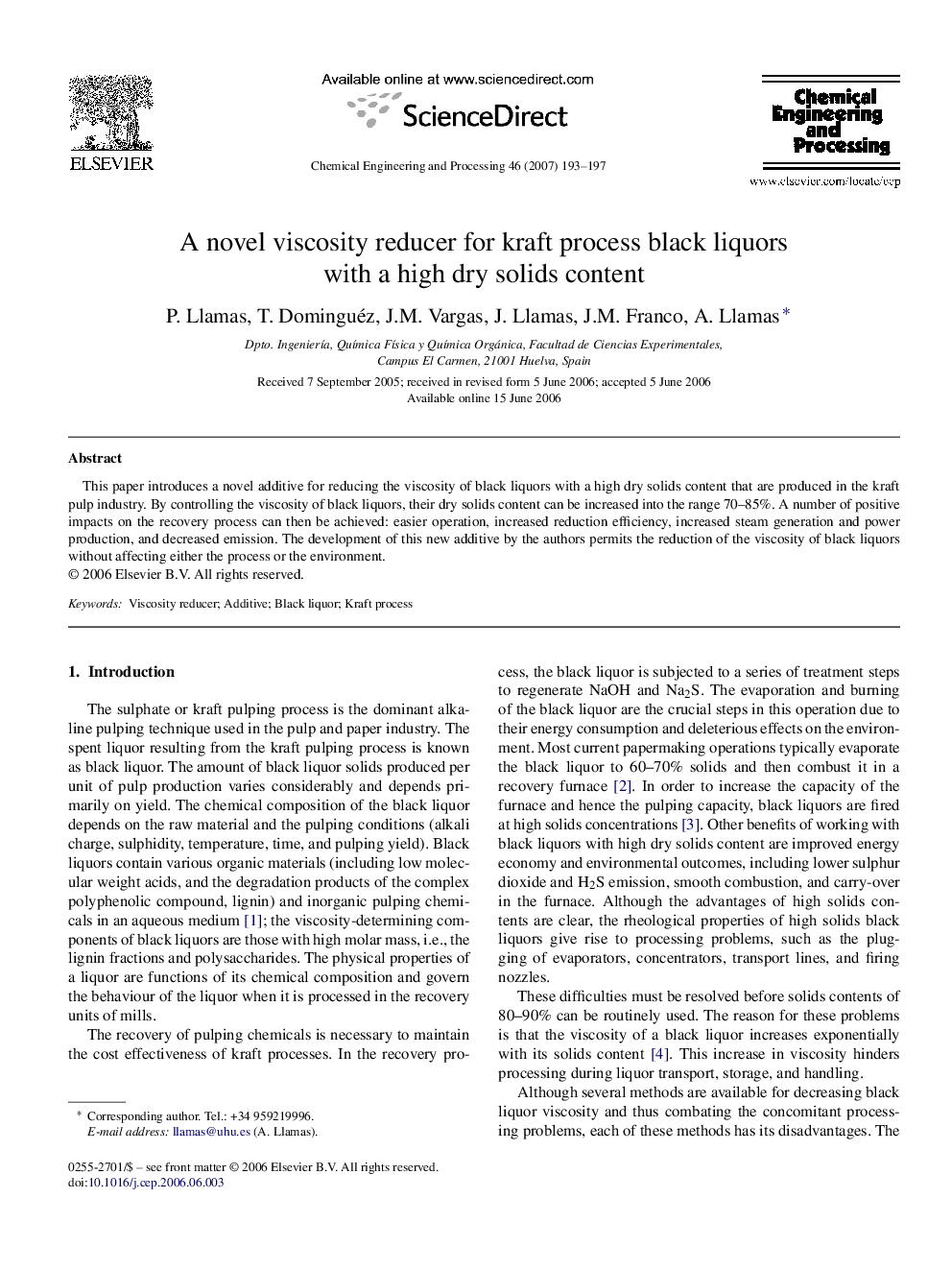 عکس صفحه اول مقاله: A novel viscosity reducer for kraft process black liquors with a high dry solids content A novel viscosity reducer for kraft process black liquors with a high dry solids content