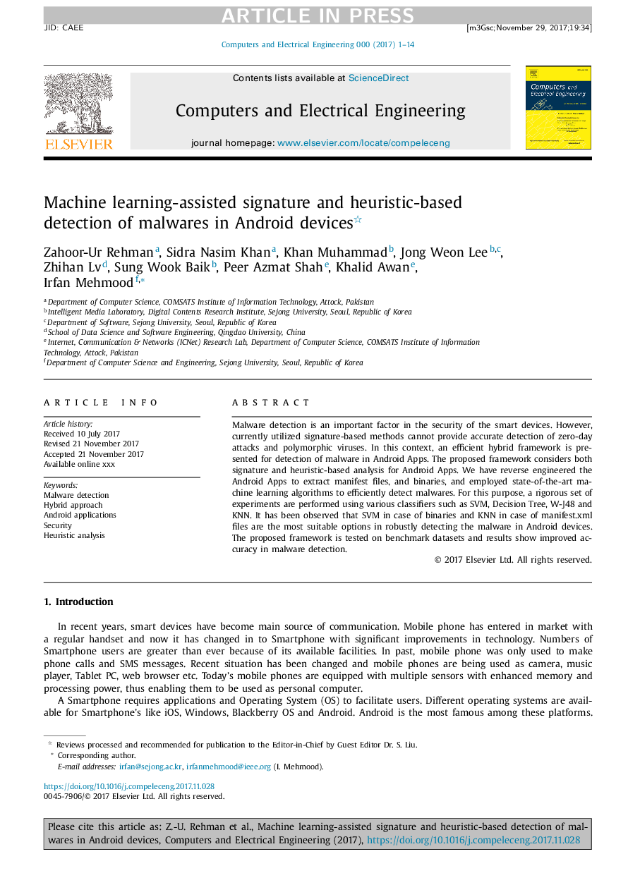 Machine learning-assisted signature and heuristic-based detection of malwares in Android devices