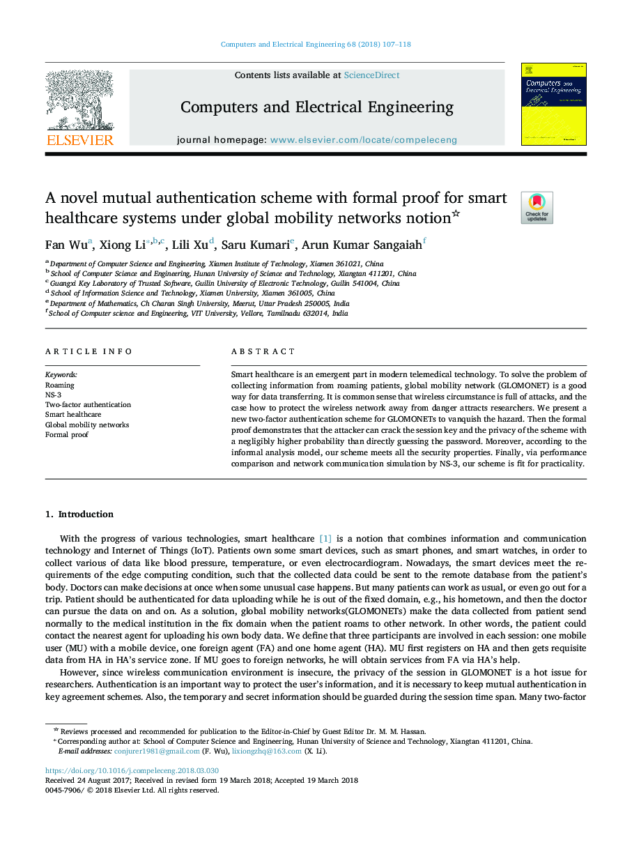 A novel mutual authentication scheme with formal proof for smart healthcare systems under global mobility networks notion