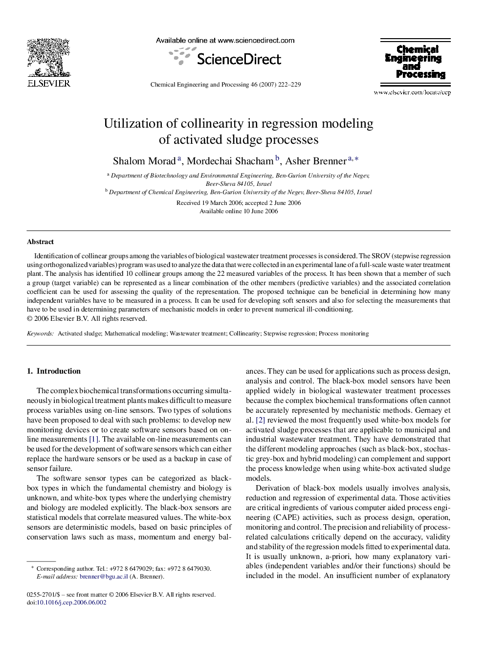 Utilization of collinearity in regression modeling of activated sludge processes