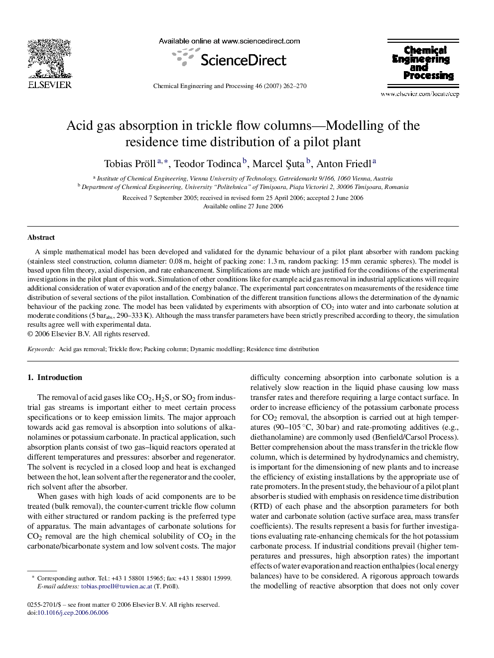 Acid gas absorption in trickle flow columns—Modelling of the residence time distribution of a pilot plant