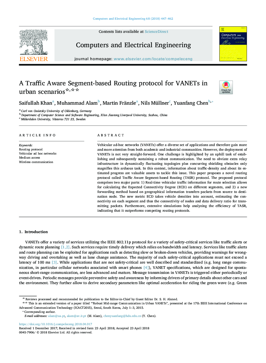 A Traffic Aware Segment-based Routing protocol for VANETs in urban scenarios