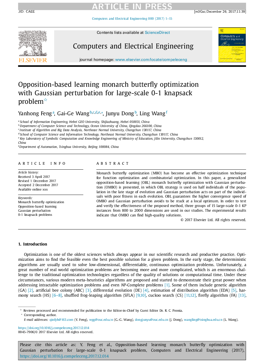 Opposition-based learning monarch butterfly optimization with Gaussian perturbation for large-scale 0-1 knapsack problem