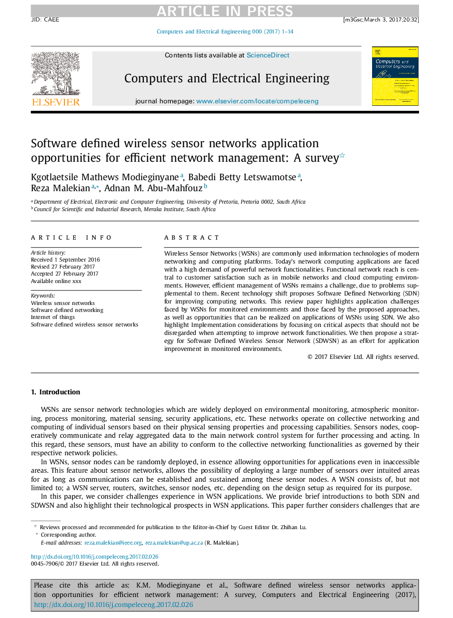 Software defined wireless sensor networks application opportunities for efficient network management: A survey