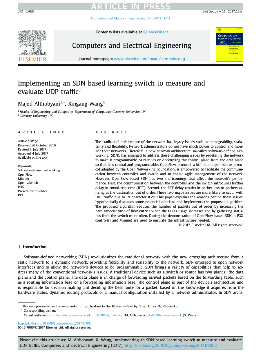 Implementing an SDN based learning switch to measure and evaluate UDP traffic