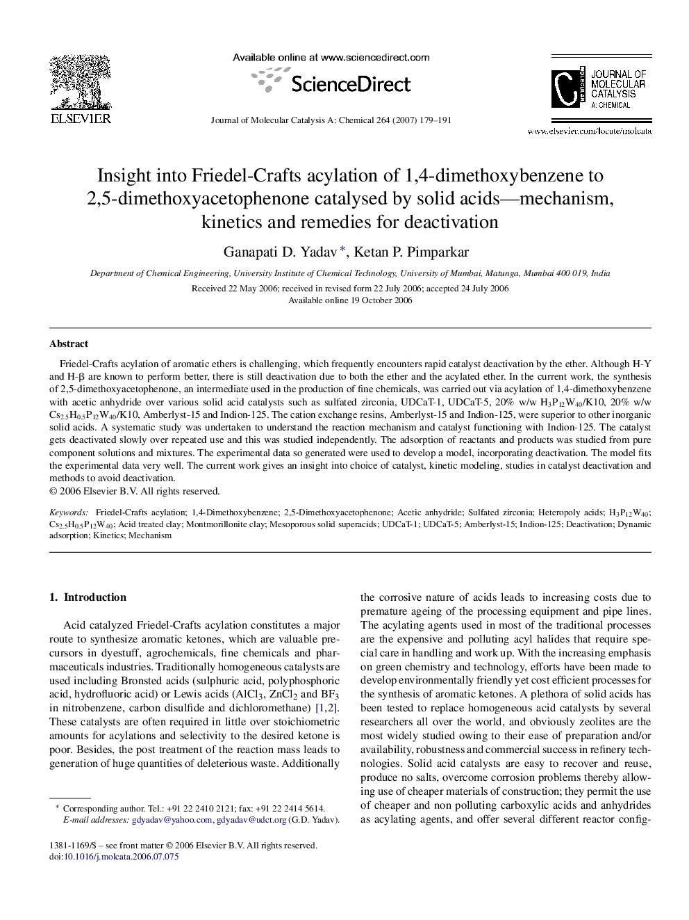 Insight into Friedel-Crafts acylation of 1,4-dimethoxybenzene to 2,5-dimethoxyacetophenone catalysed by solid acids—mechanism, kinetics and remedies for deactivation