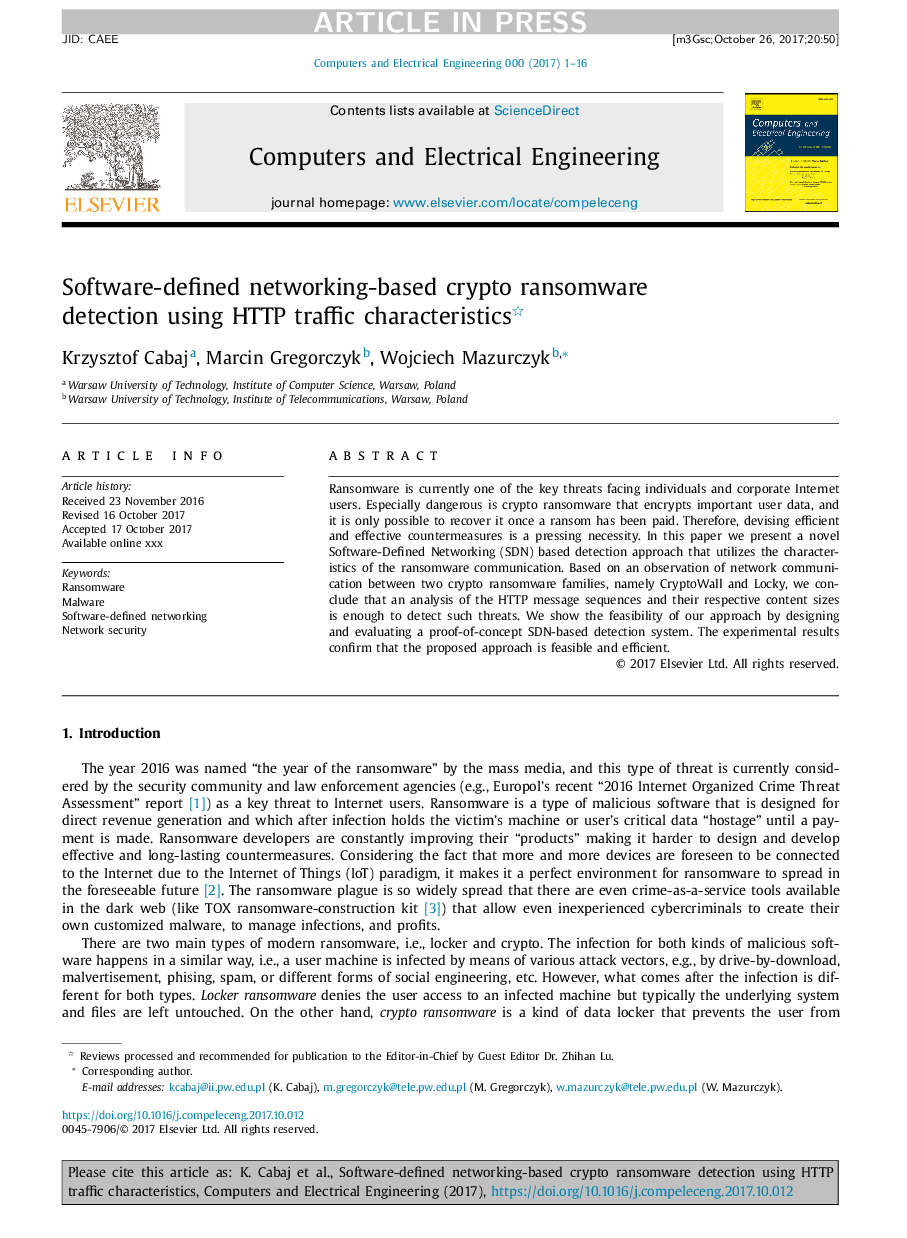 Software-defined networking-based crypto ransomware detection using HTTP traffic characteristics