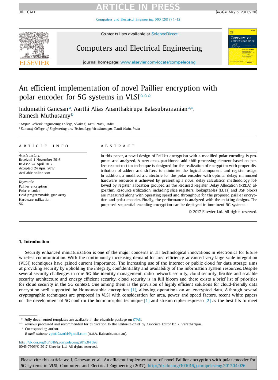 An efficient implementation of novel Paillier encryption with polar encoder for 5G systems in VLSI