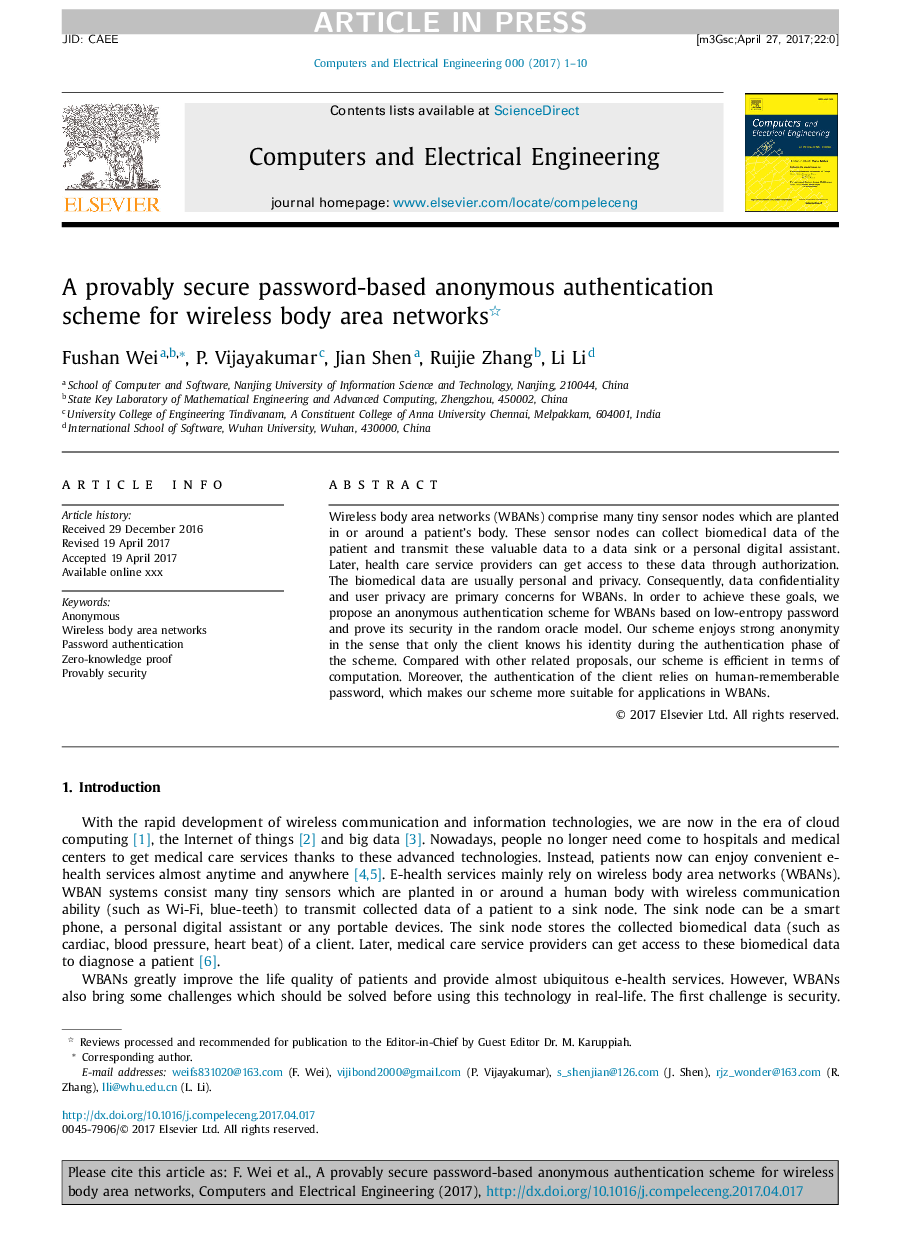 A provably secure password-based anonymous authentication scheme for wireless body area networks