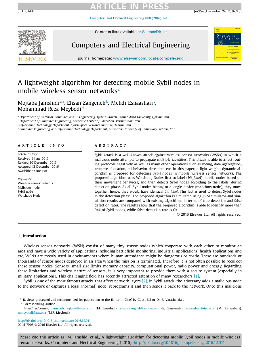 A lightweight algorithm for detecting mobile Sybil nodes in mobile wireless sensor networks