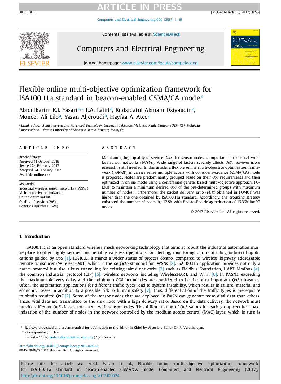 Flexible online multi-objective optimization framework for ISA100.11a standard in beacon-enabled CSMA/CA mode