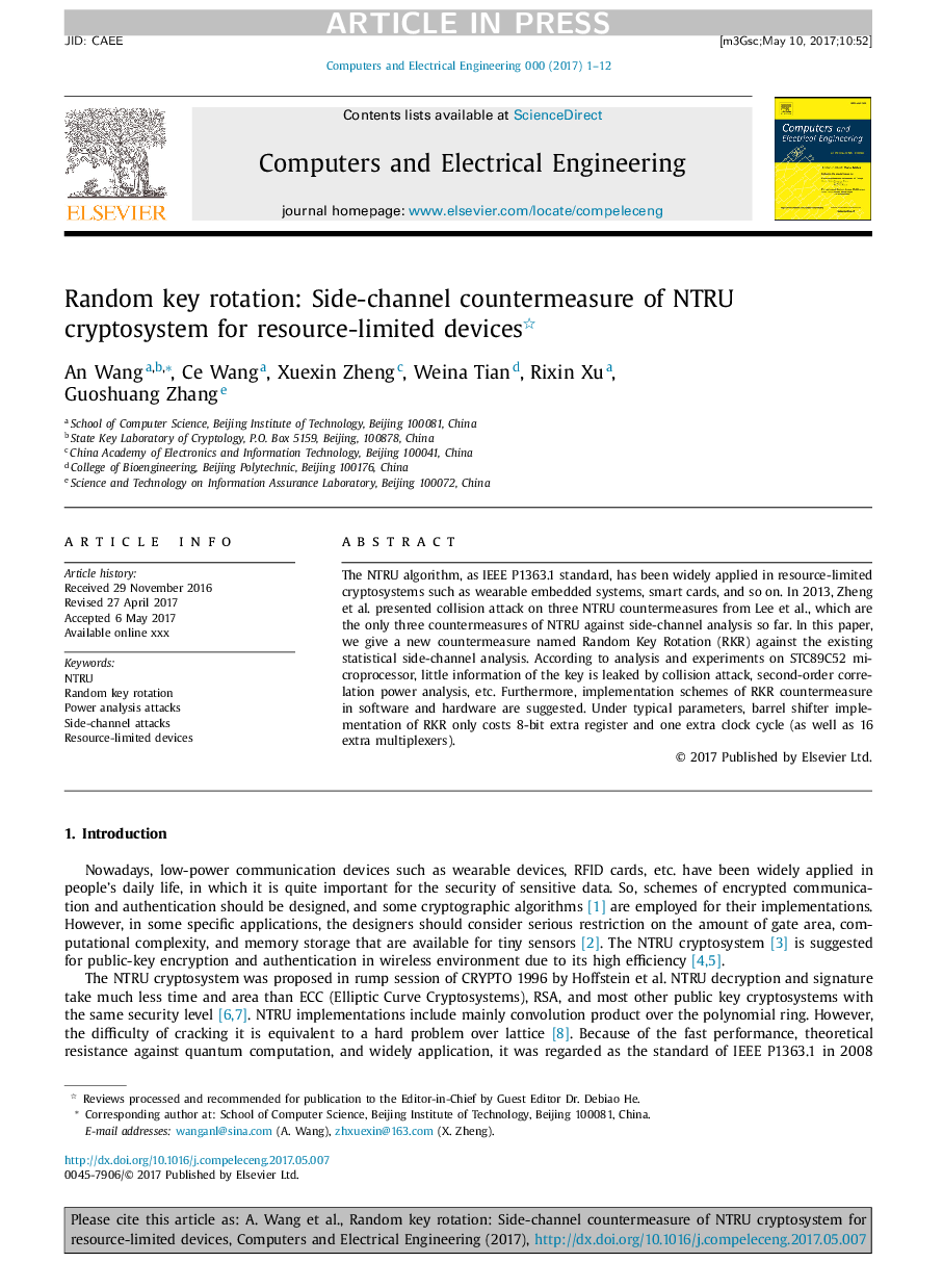 Random key rotation: Side-channel countermeasure of NTRU cryptosystem for resource-limited devices