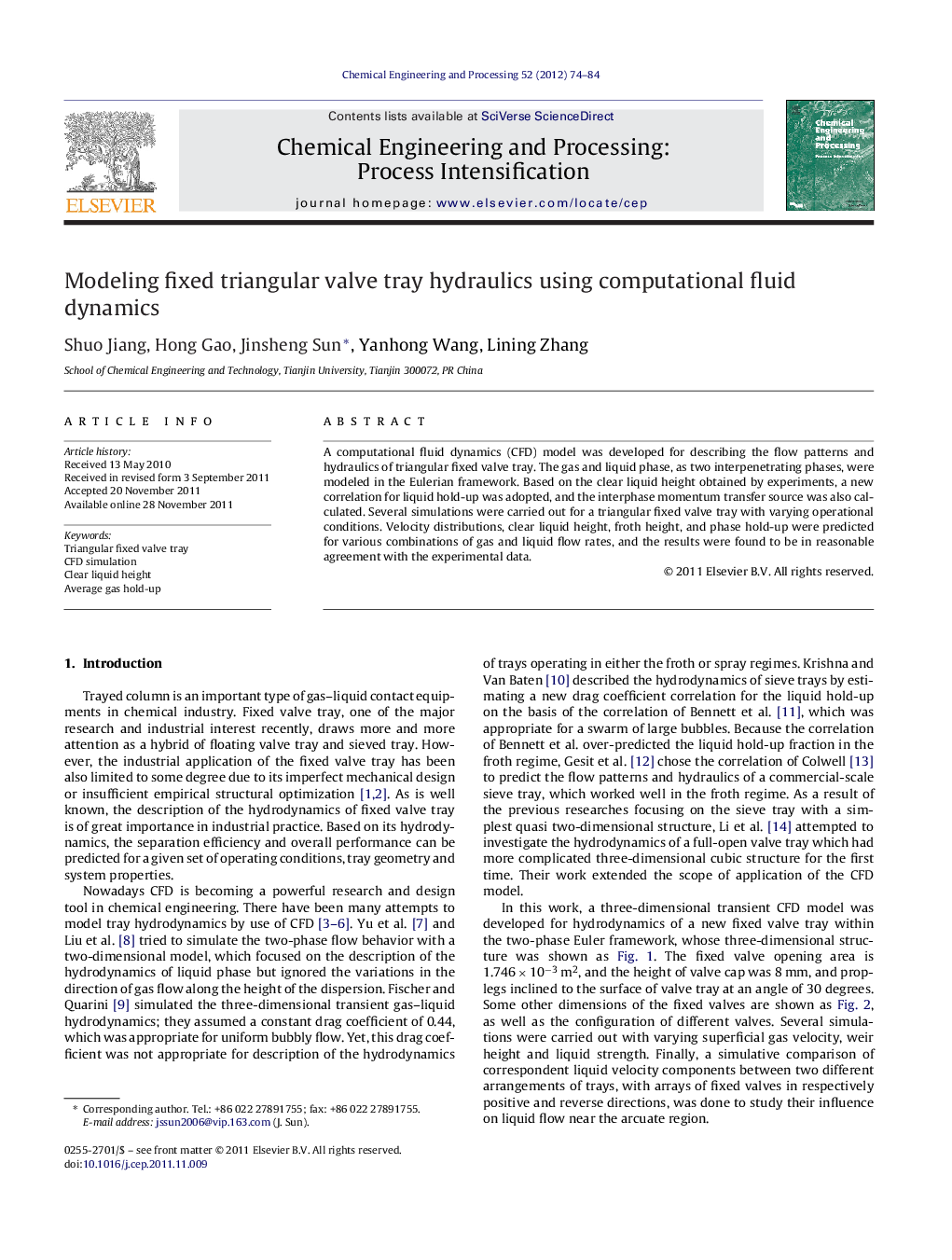 Modeling fixed triangular valve tray hydraulics using computational fluid dynamics