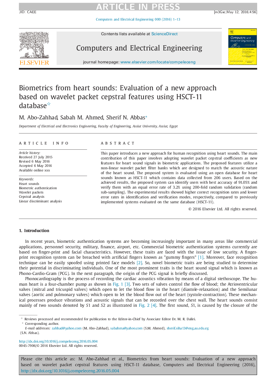 Biometrics from heart sounds: Evaluation of a new approach based on wavelet packet cepstral features using HSCT-11 database