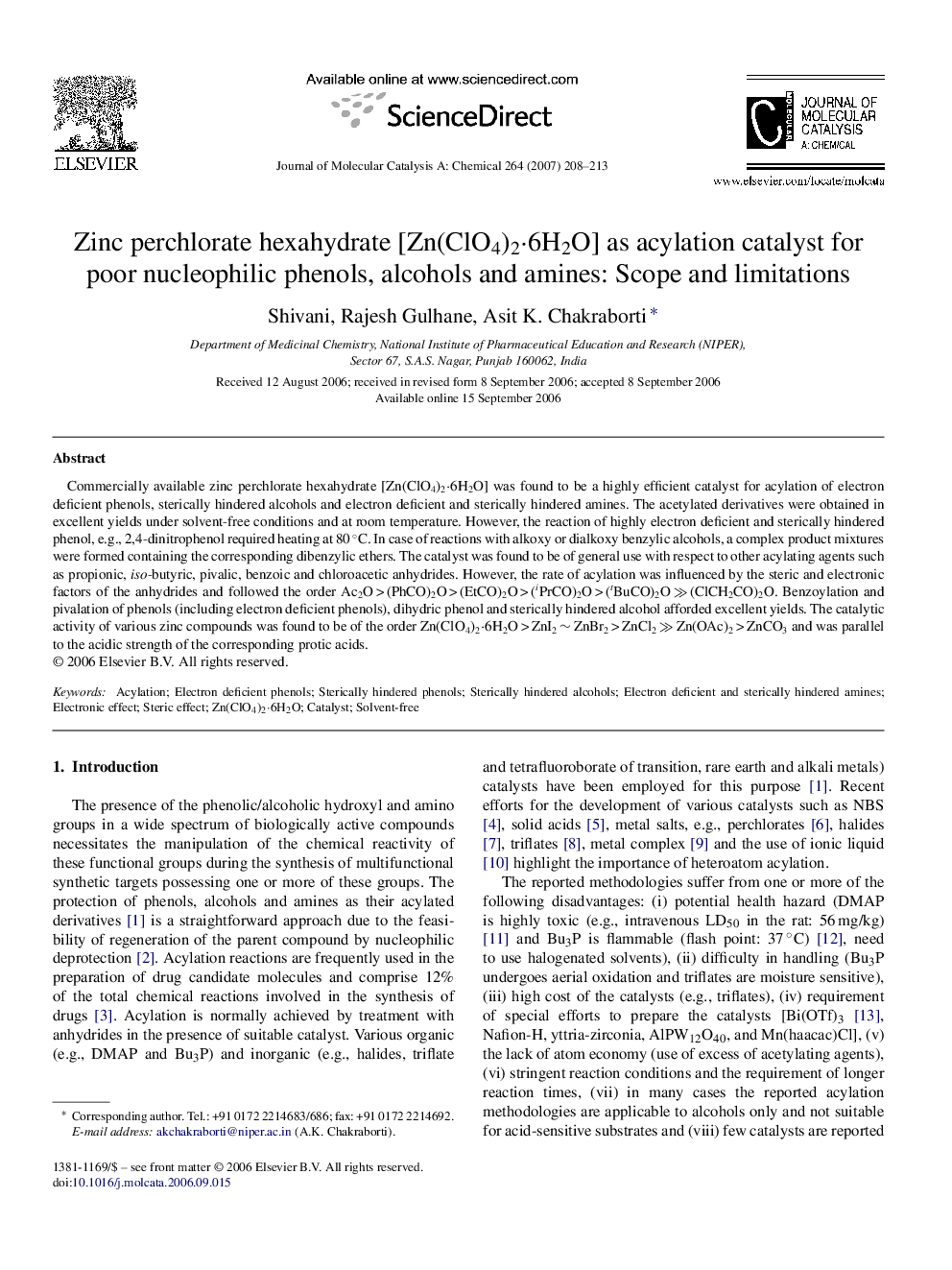 Zinc perchlorate hexahydrate [Zn(ClO4)2·6H2O] as acylation catalyst for poor nucleophilic phenols, alcohols and amines: Scope and limitations