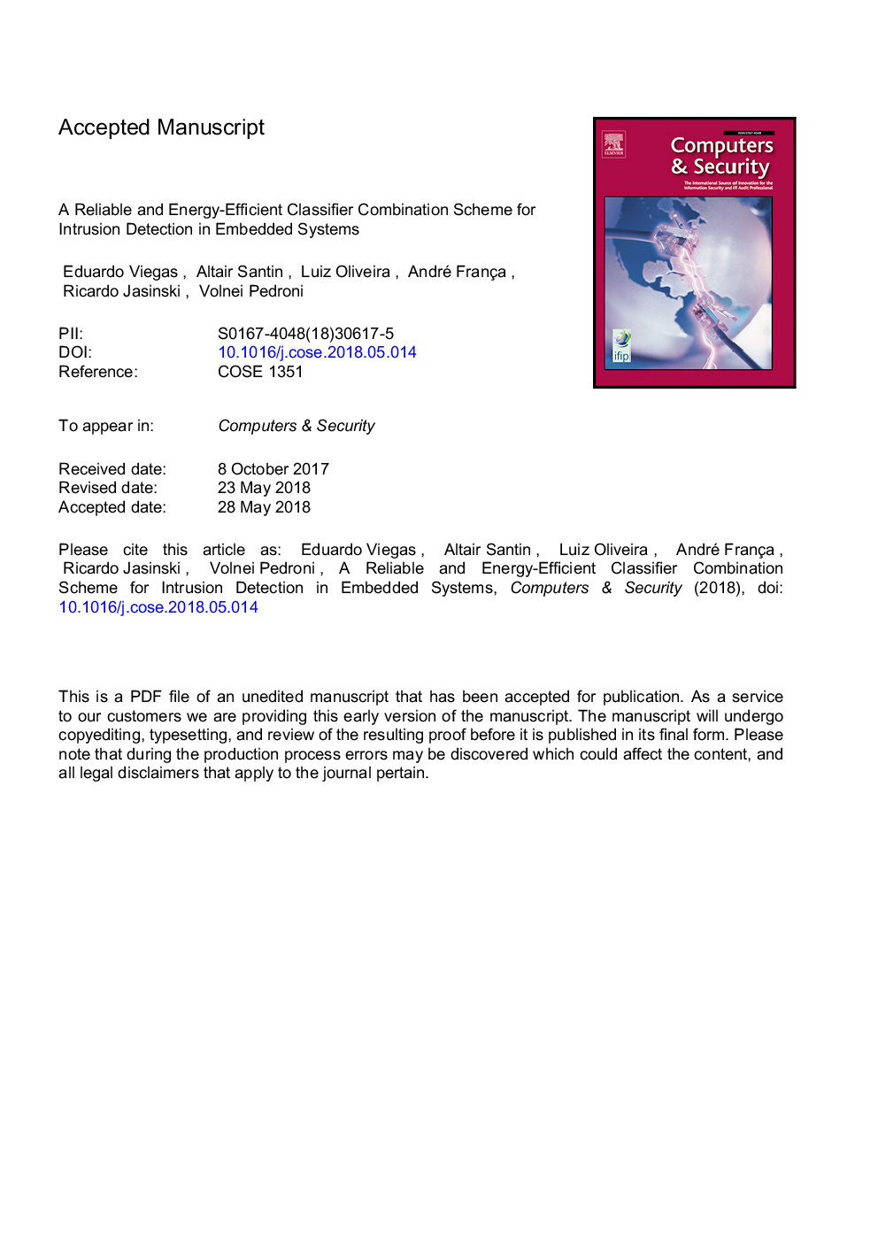 A reliable and energy-efficient classifier combination scheme for intrusion detection in embedded systems