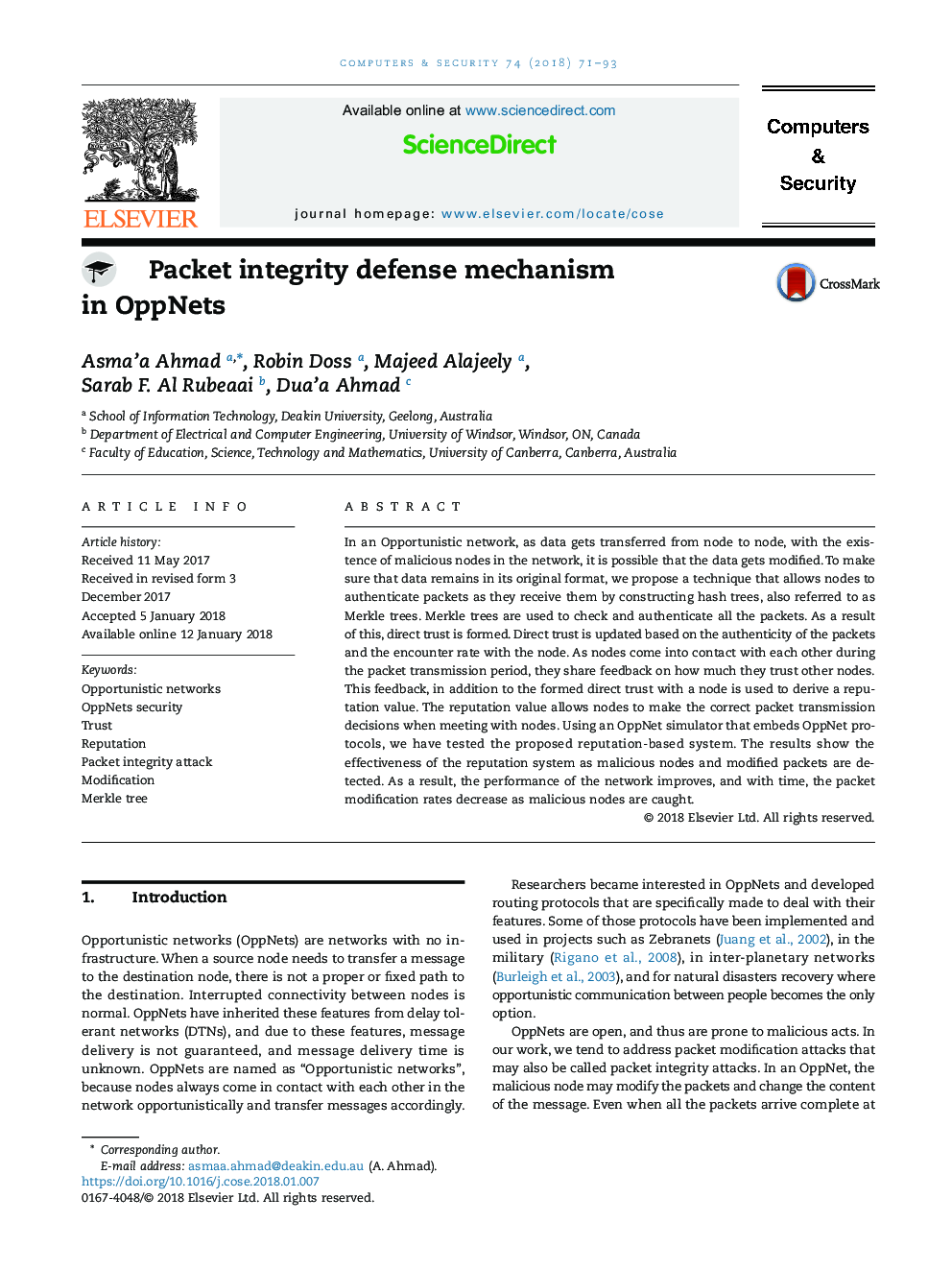 Packet integrity defense mechanism in OppNets