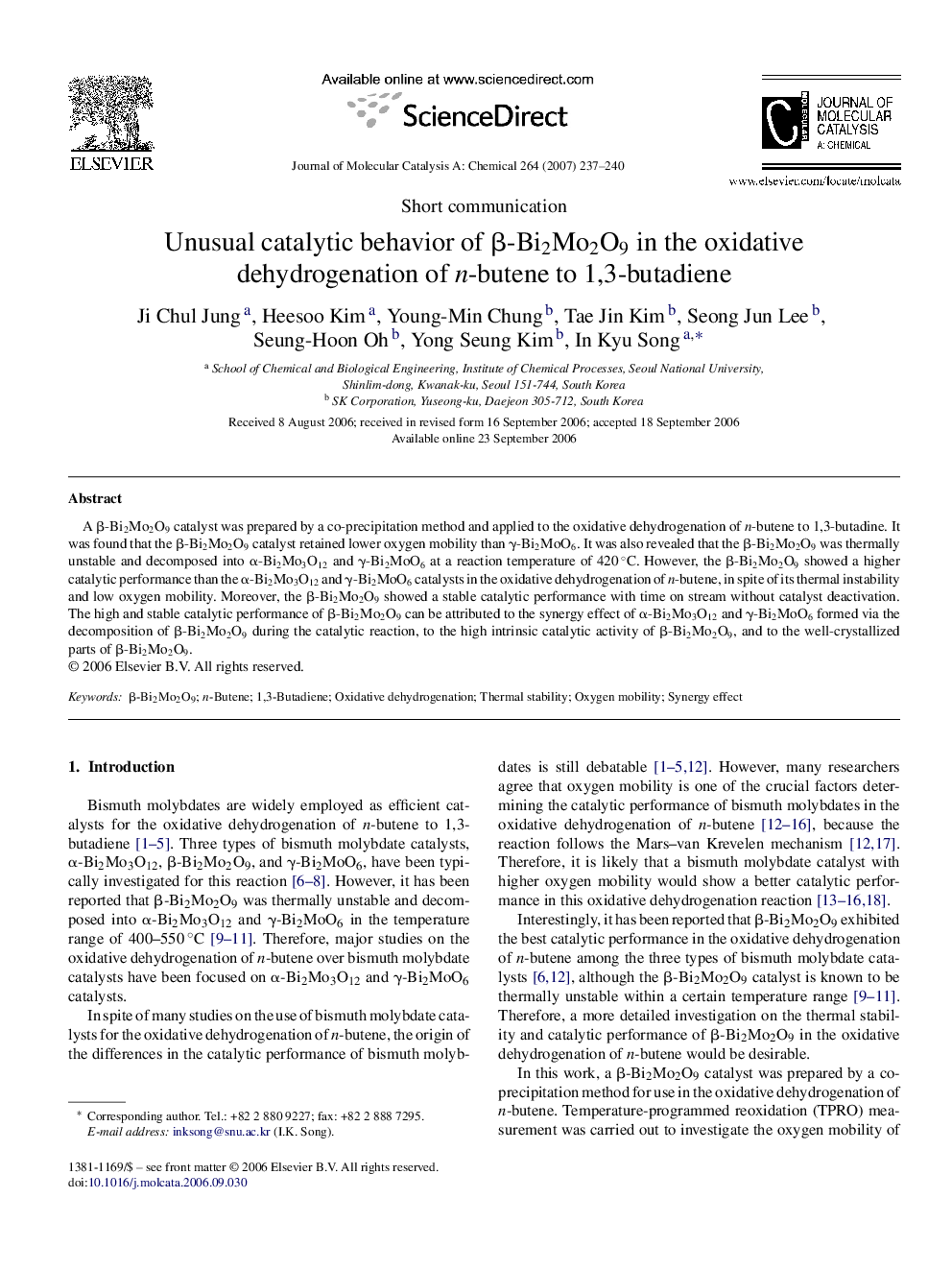 Unusual catalytic behavior of β-Bi2Mo2O9 in the oxidative dehydrogenation of n-butene to 1,3-butadiene