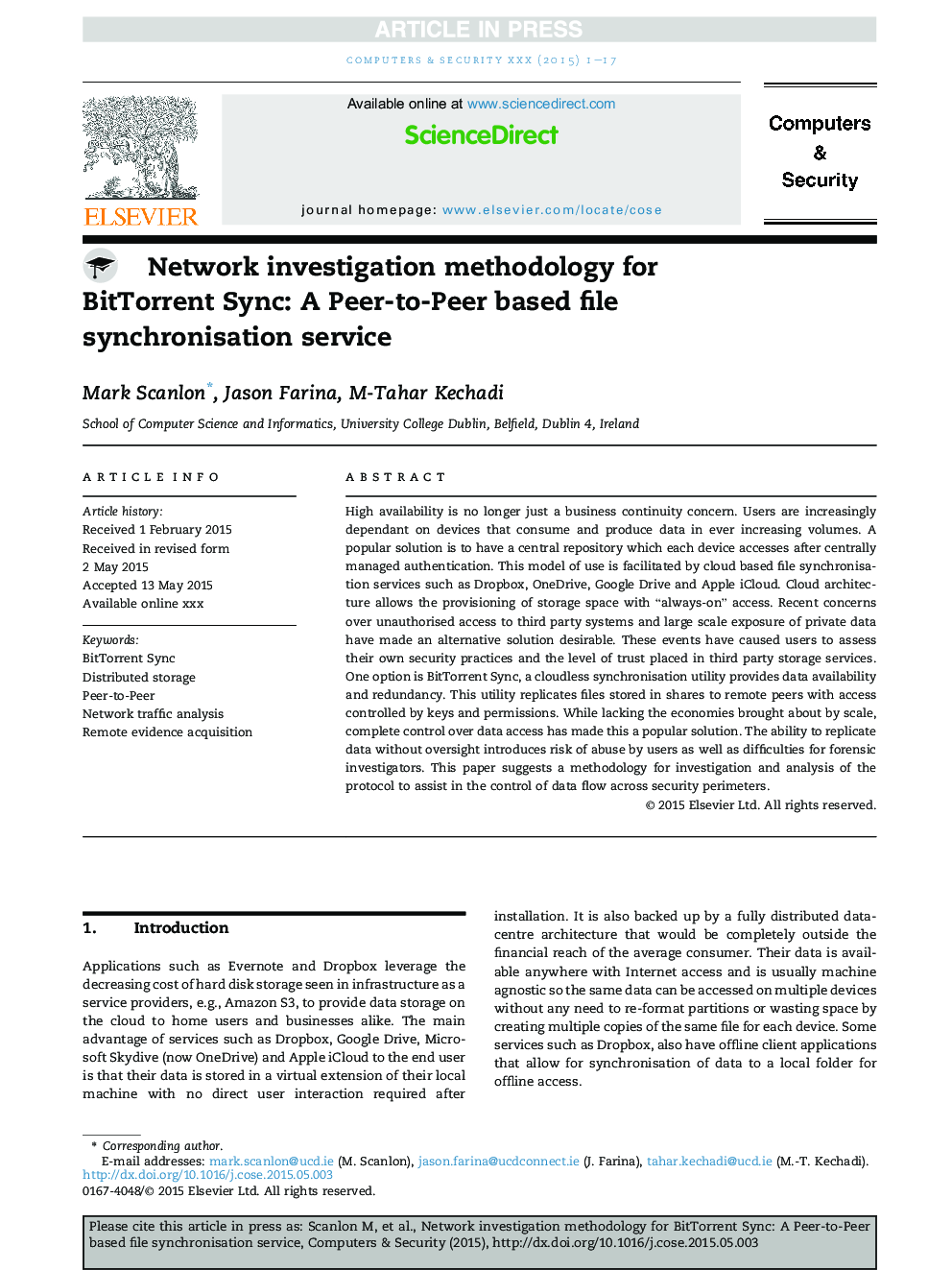 Network investigation methodology for BitTorrent Sync: A Peer-to-Peer based file synchronisation service