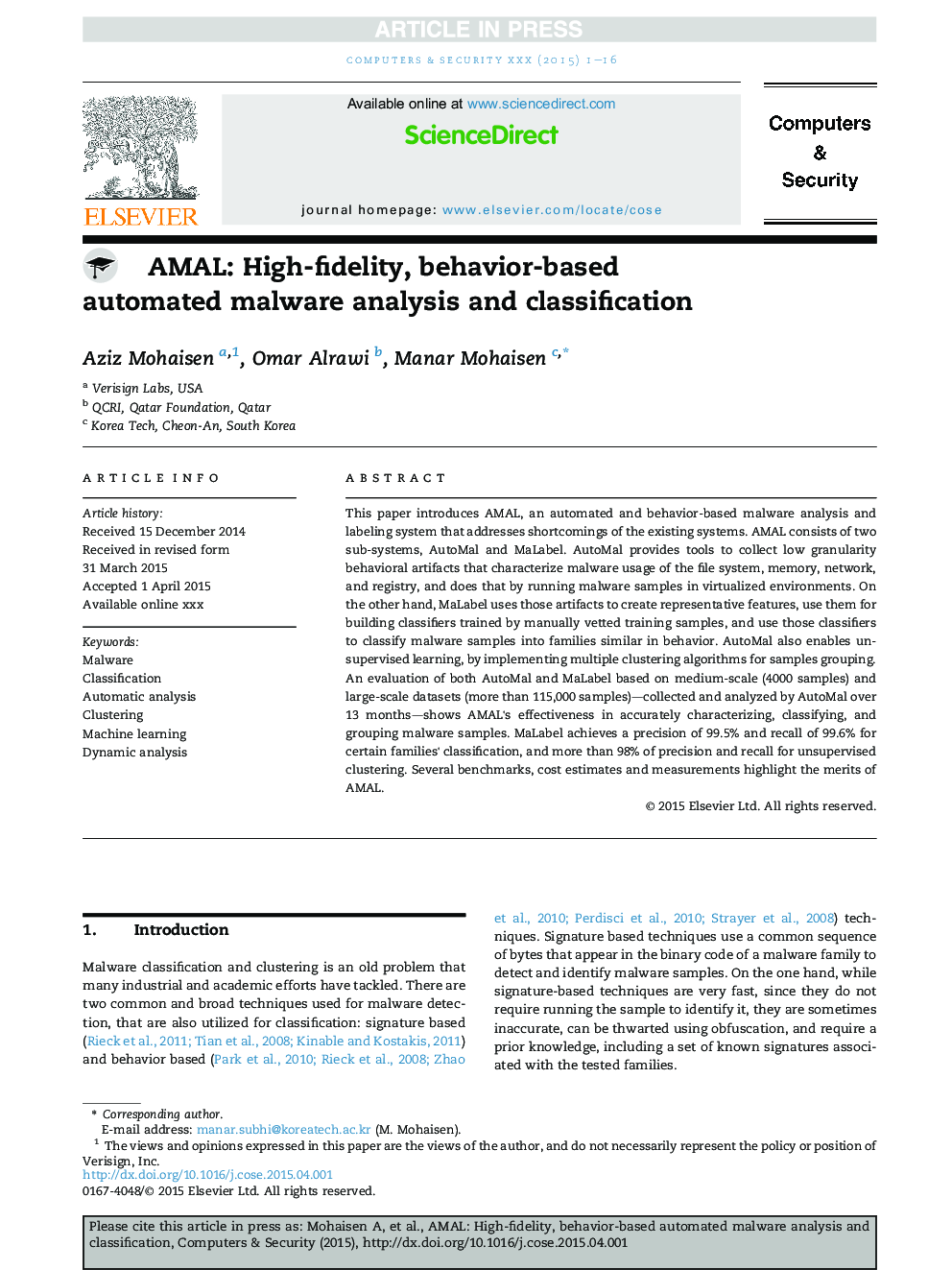 AMAL: High-fidelity, behavior-based automated malware analysis and classification