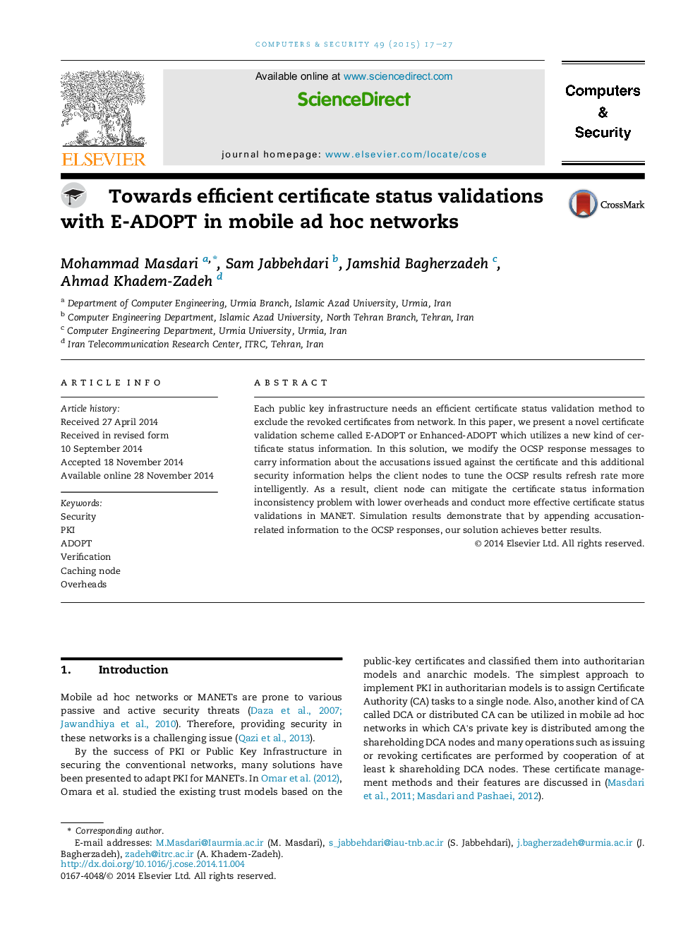 Towards efficient certificate status validations with E-ADOPT in mobile ad hoc networks