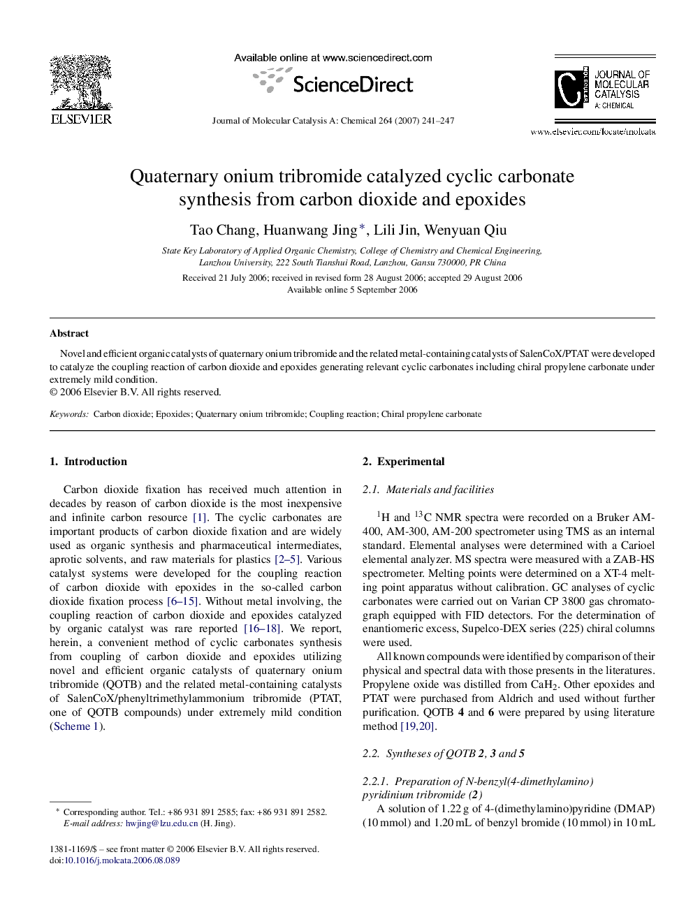 Quaternary onium tribromide catalyzed cyclic carbonate synthesis from carbon dioxide and epoxides