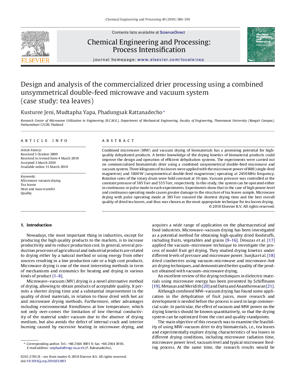 Design and analysis of the commercialized drier processing using a combined unsymmetrical double-feed microwave and vacuum system (case study: tea leaves)