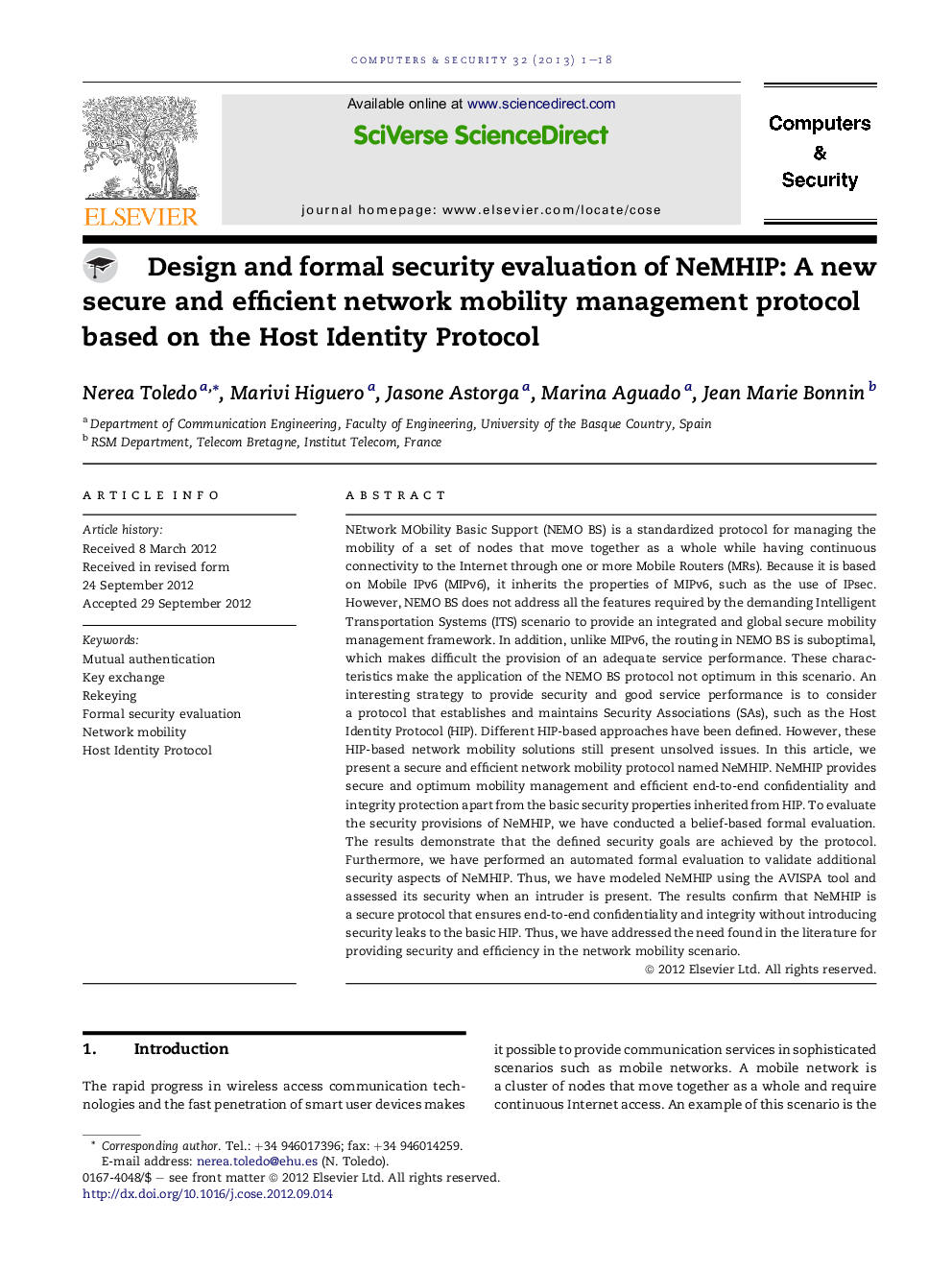 Design and formal security evaluation of NeMHIP: A new secure and efficient network mobility management protocol based on the Host Identity Protocol