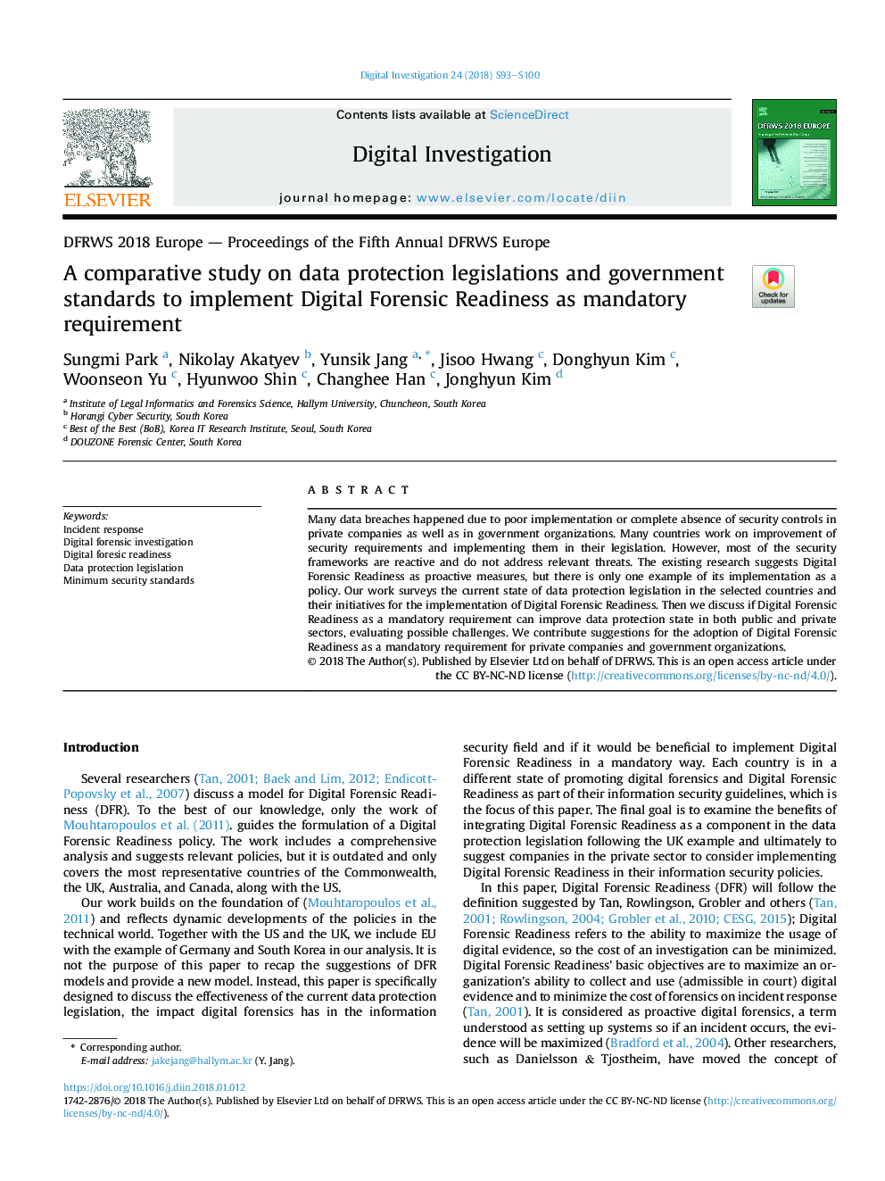 A comparative study on data protection legislations and government standards to implement Digital Forensic Readiness as mandatory requirement