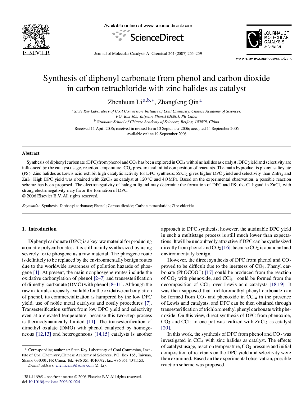 Synthesis of diphenyl carbonate from phenol and carbon dioxide in carbon tetrachloride with zinc halides as catalyst