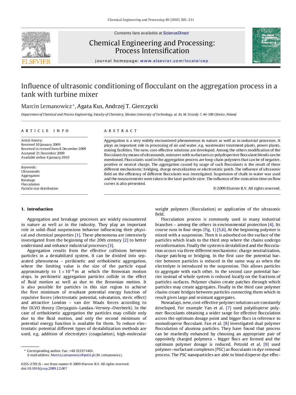 عکس صفحه اول مقاله: Influence of ultrasonic conditioning of flocculant on the aggregation process in a tank with turbine mixer Influence of ultrasonic conditioning of flocculant on the aggregation process in a tank with turbine mixer