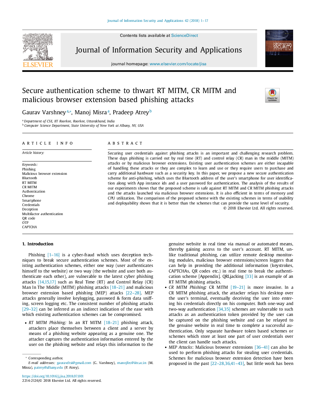 Secure authentication scheme to thwart RT MITM, CR MITM and malicious browser extension based phishing attacks