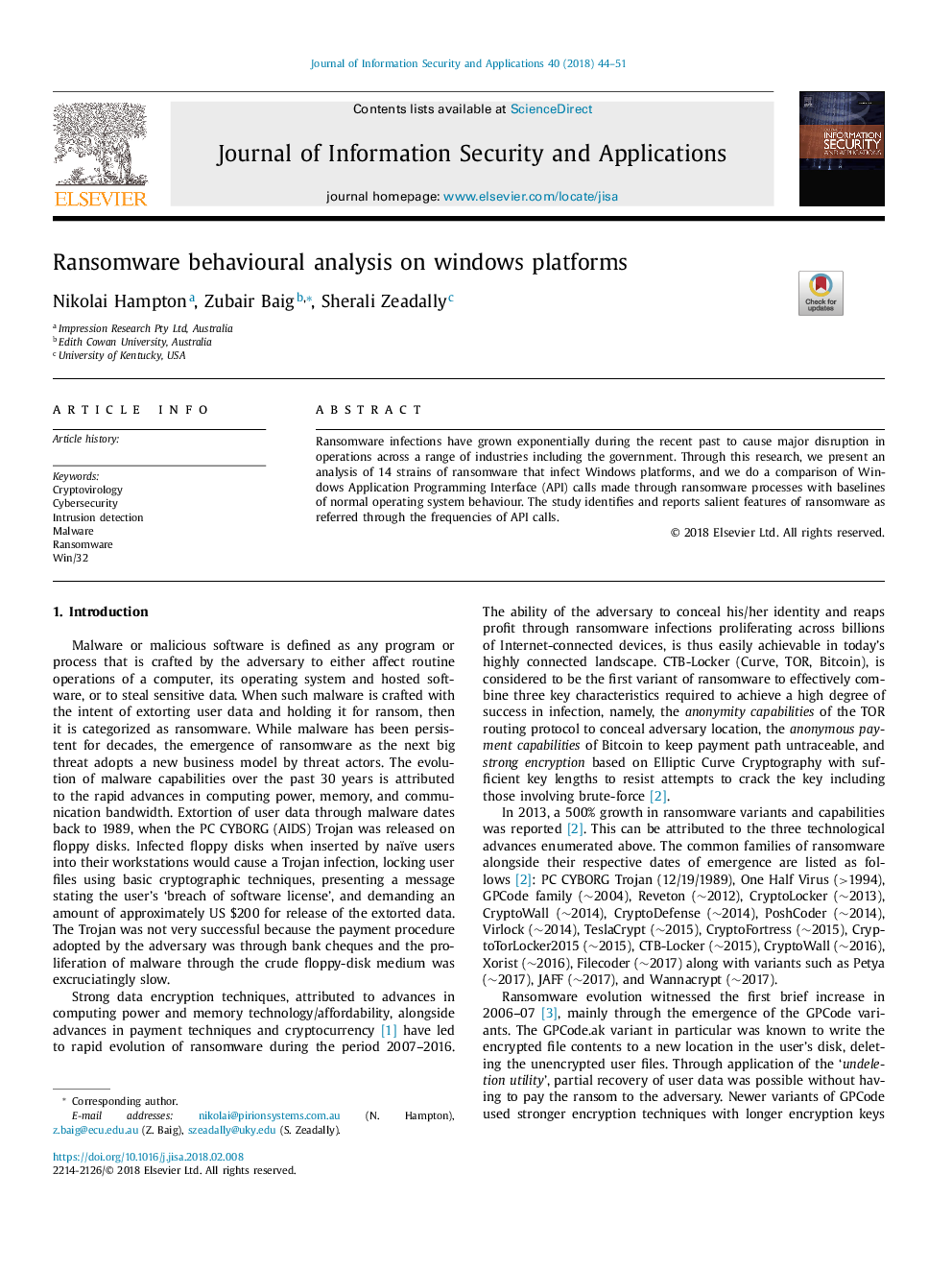 Ransomware behavioural analysis on windows platforms