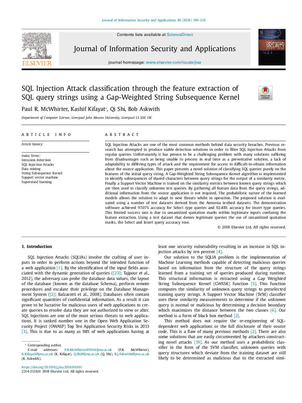 SQL Injection Attack classification through the feature extraction of SQL query strings using a Gap-Weighted String Subsequence Kernel