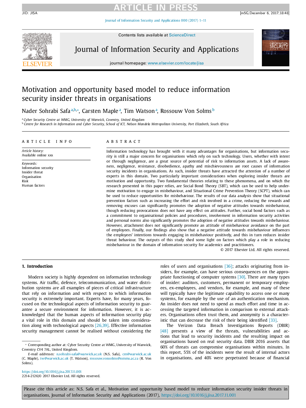 Motivation and opportunity based model to reduce information security insider threats in organisations