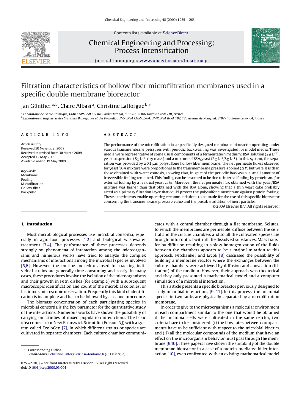 Filtration characteristics of hollow fiber microfiltration membranes used in a specific double membrane bioreactor