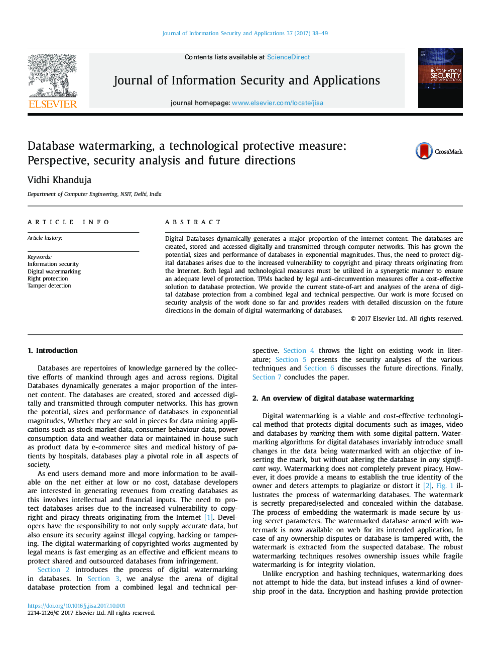 Database watermarking, a technological protective measure: Perspective, security analysis and future directions