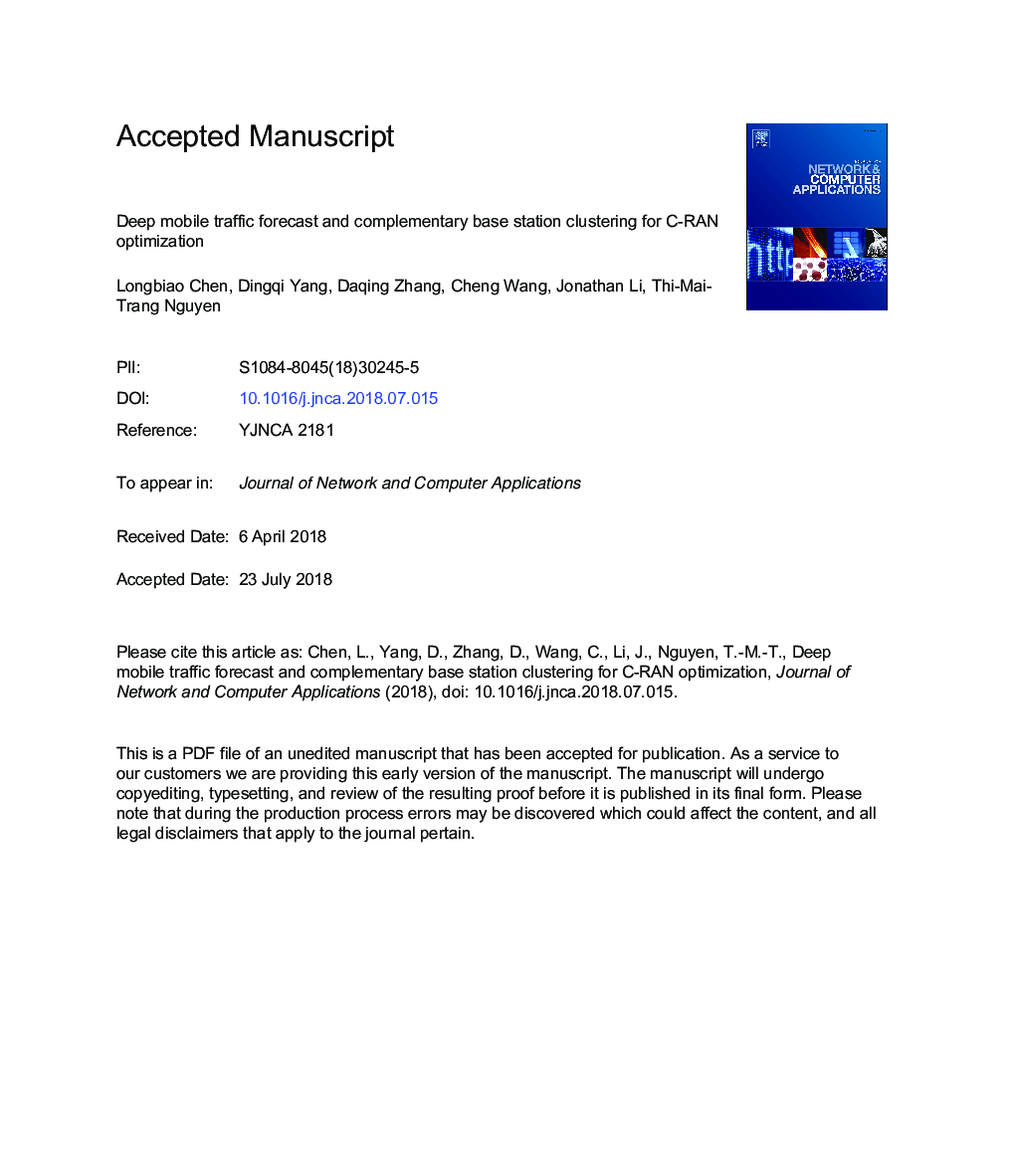 Deep mobile traffic forecast and complementary base station clustering for C-RAN optimization