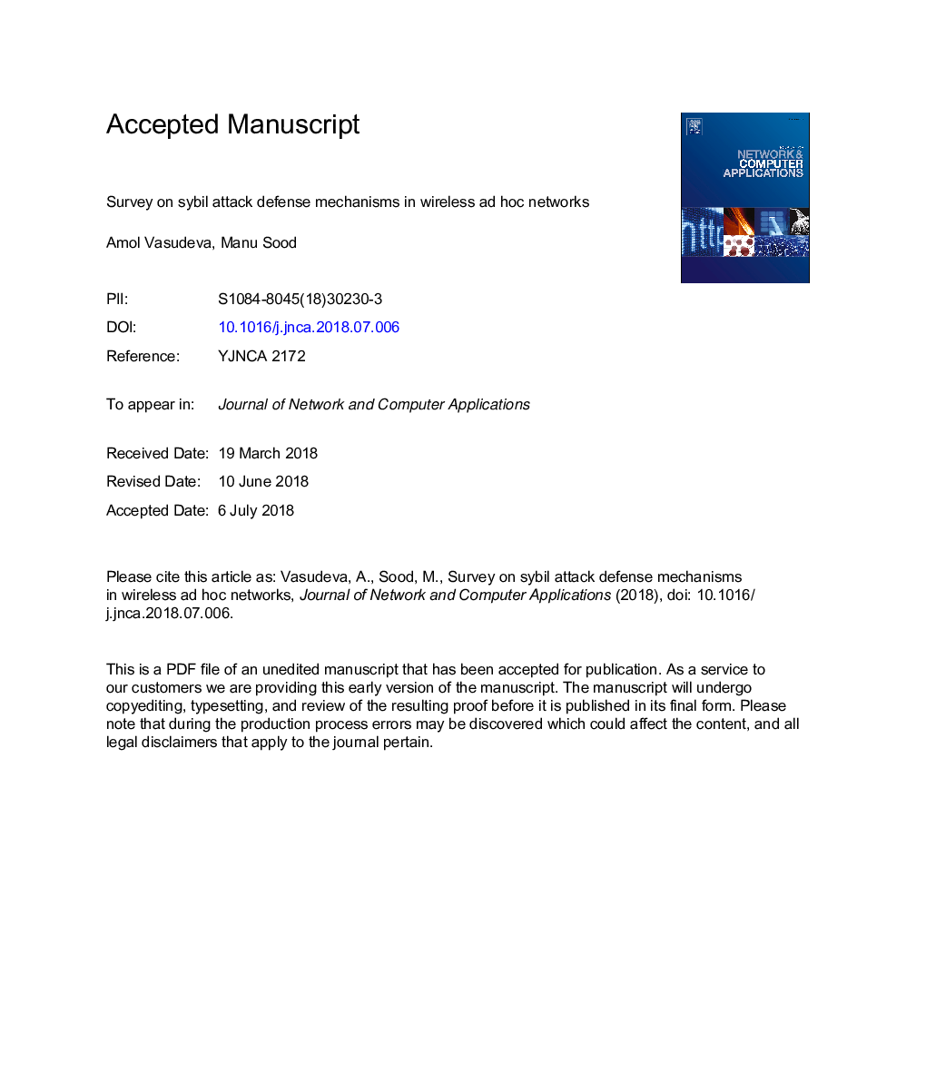 Survey on sybil attack defense mechanisms in wireless ad hoc networks