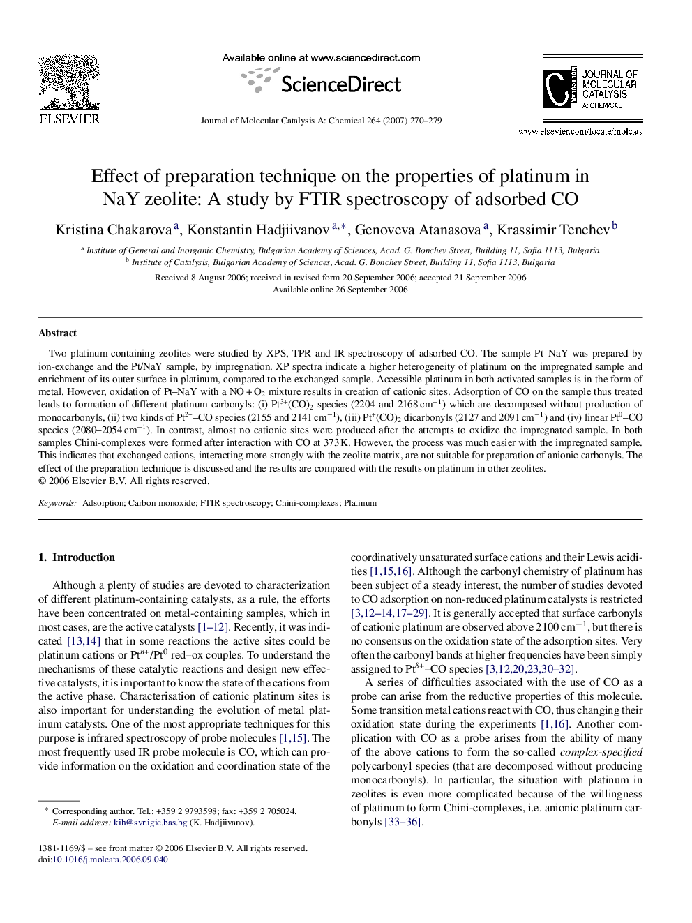 Effect of preparation technique on the properties of platinum in NaY zeolite: A study by FTIR spectroscopy of adsorbed CO