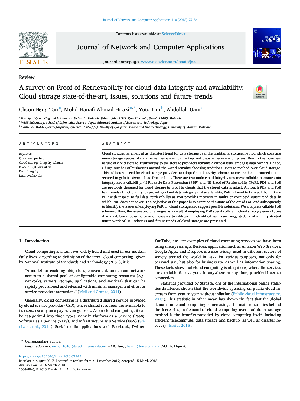 A survey on Proof of Retrievability for cloud data integrity and availability: Cloud storage state-of-the-art, issues, solutions and future trends