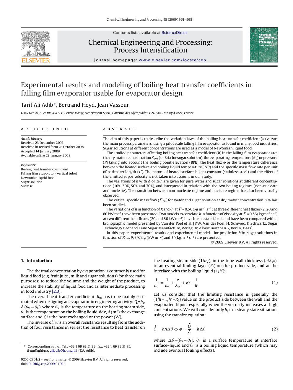 Experimental results and modeling of boiling heat transfer coefficients in falling film evaporator usable for evaporator design