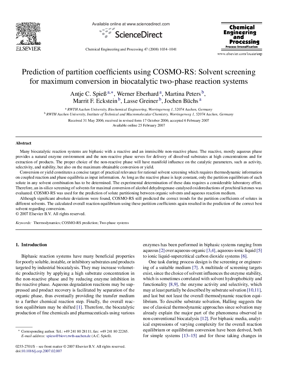 Prediction of partition coefficients using COSMO-RS: Solvent screening for maximum conversion in biocatalytic two-phase reaction systems