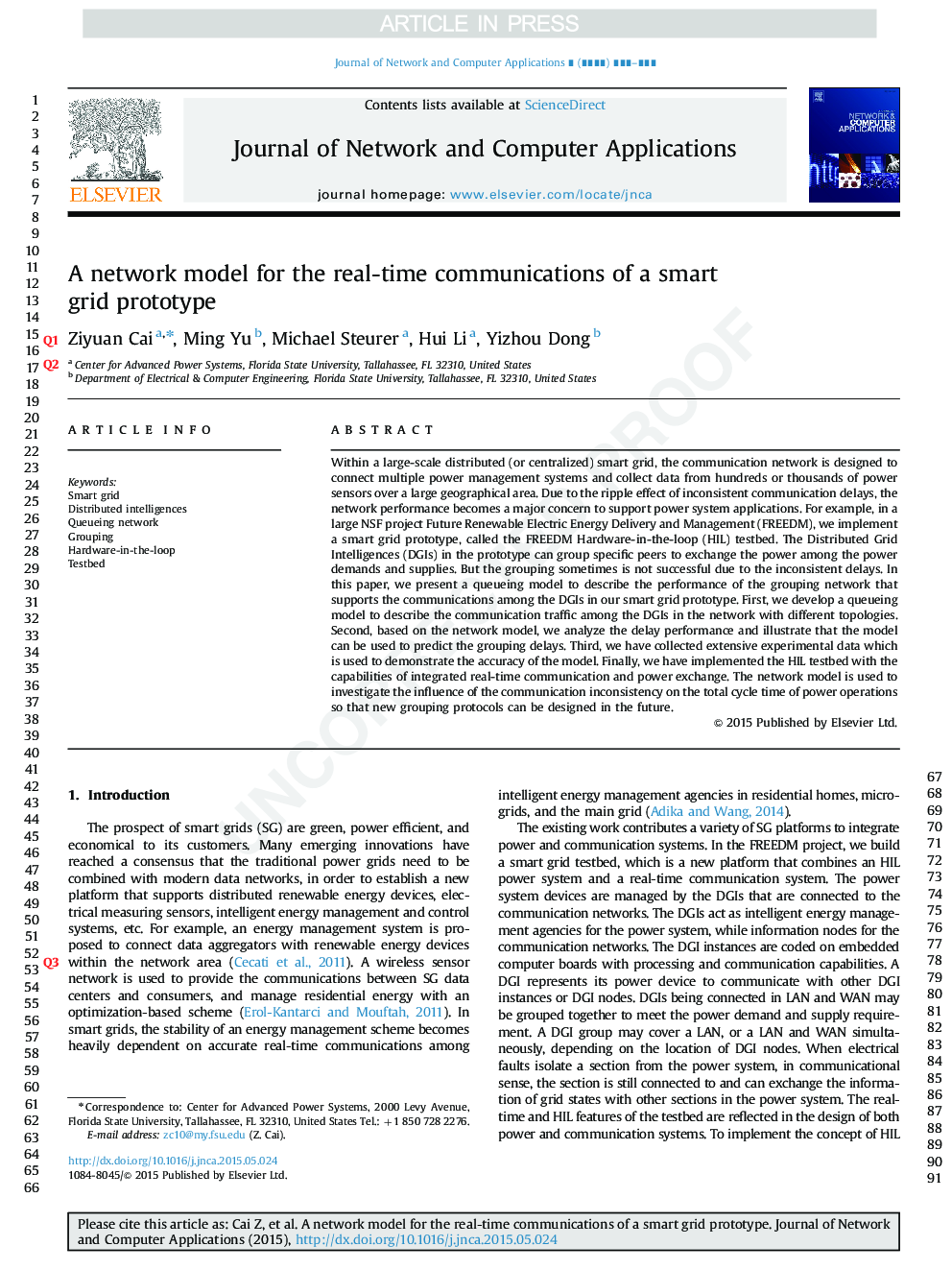 A network model for the real-time communications of a smart grid prototype