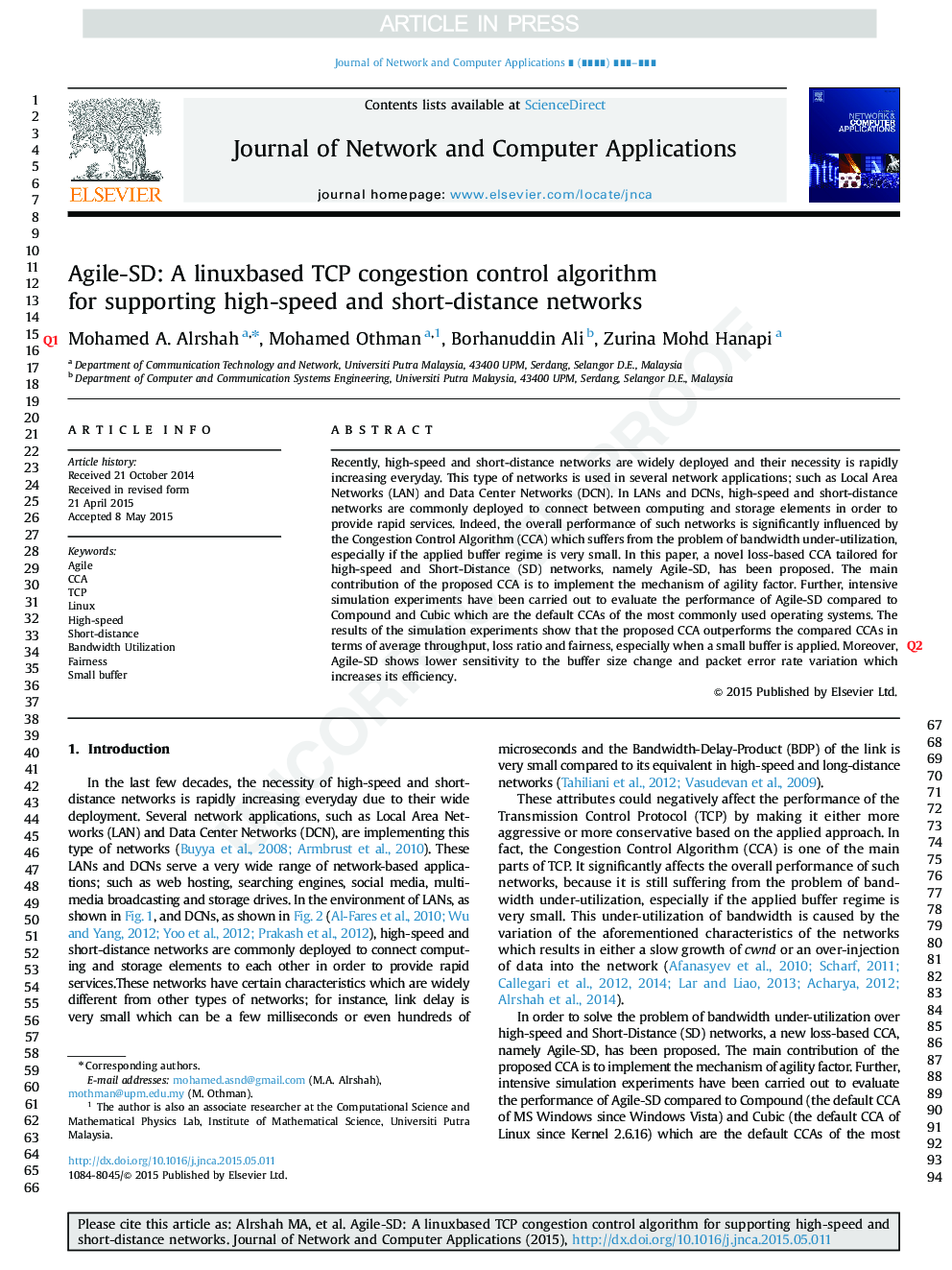 Agile-SD: A Linux-based TCP congestion control algorithm for supporting high-speed and short-distance networks