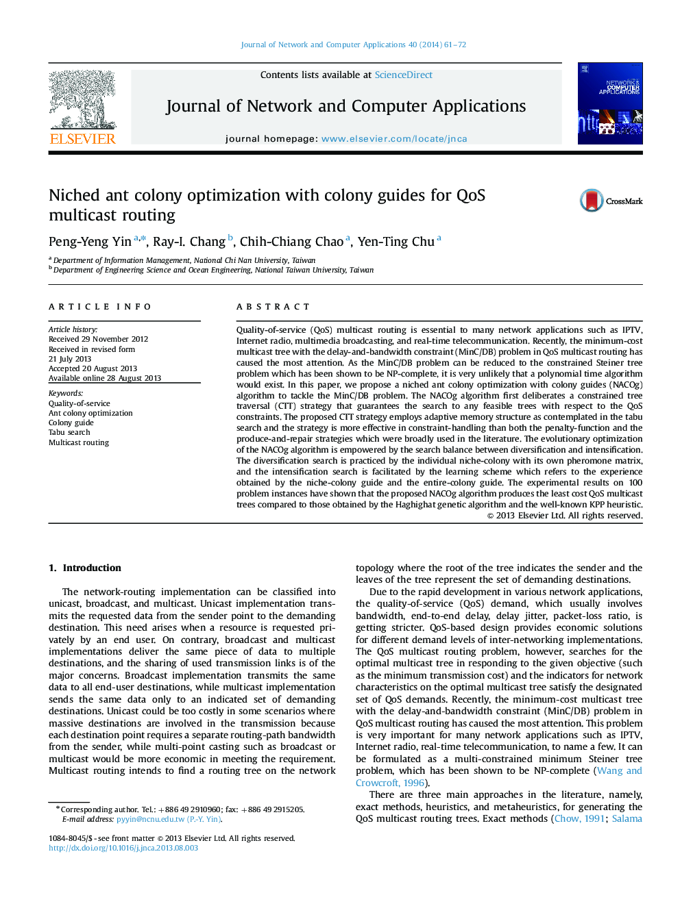 Niched ant colony optimization with colony guides for QoS multicast routing